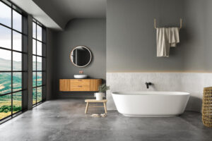interior-modern-bathroom-with-white-dark-walls-concrete-floor-bathtub-indoor-plants-white