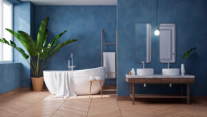 luxurious-modern-bathroom-interior-design-white-bathtub-grunge-dark-blue-wall-3d-render