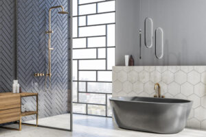 stylish-light-bathroom-with-grey-herringbone-ceramic-tale-wall-black-bathtub-modern-golden-shower-3d-rendering